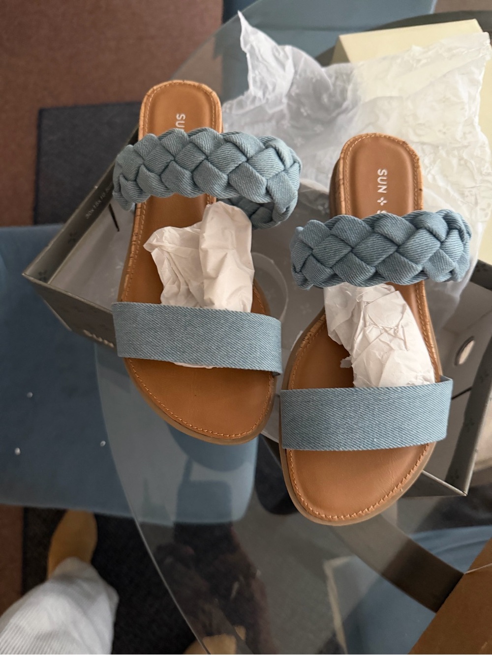 Sun + Stone Braided Light Blue Slide Sandals. 7 wide